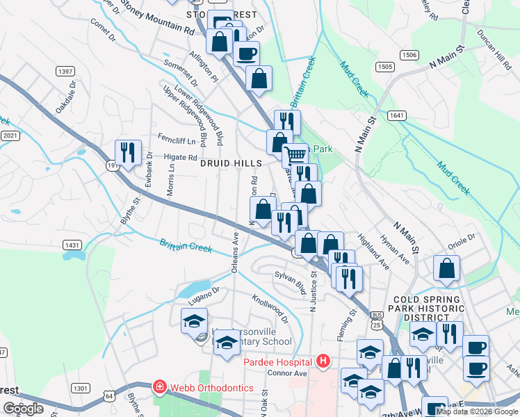 map of restaurants, bars, coffee shops, grocery stores, and more near 1530 Kensington Road in Hendersonville