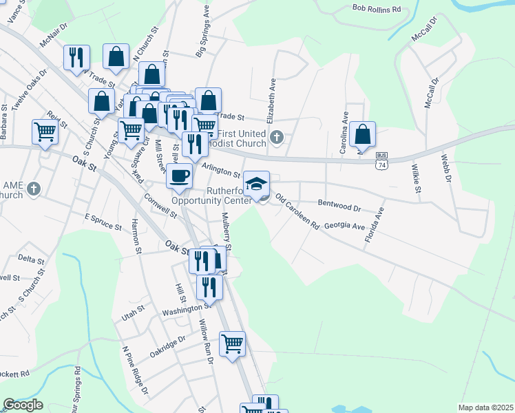 map of restaurants, bars, coffee shops, grocery stores, and more near 140 Old Caroleen Road in Forest City