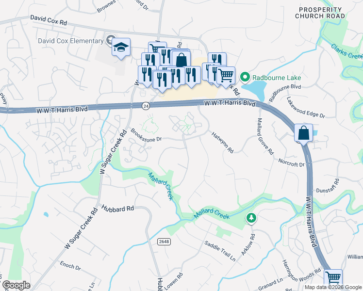 map of restaurants, bars, coffee shops, grocery stores, and more near 5839 Painted Fern Court in Charlotte