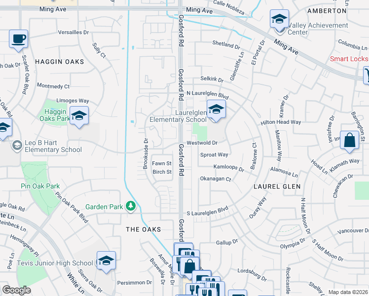 map of restaurants, bars, coffee shops, grocery stores, and more near 2708 Gosford Road in Bakersfield