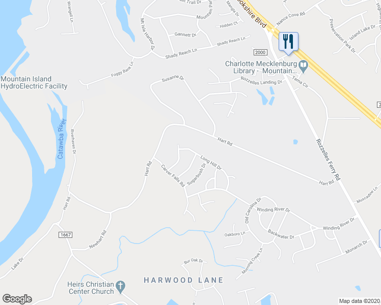 map of restaurants, bars, coffee shops, grocery stores, and more near 9530 Long Hill Drive in Charlotte