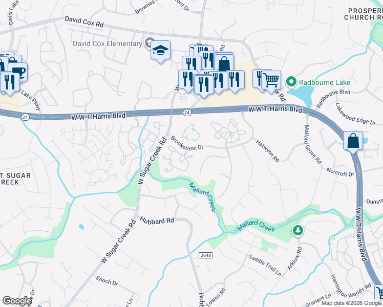 map of restaurants, bars, coffee shops, grocery stores, and more near 5948 Prescott Court in Charlotte
