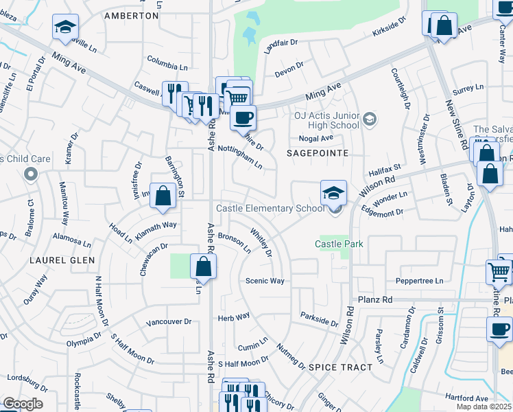 map of restaurants, bars, coffee shops, grocery stores, and more near 2808 North Half Moon Drive in Bakersfield