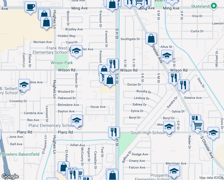 map of restaurants, bars, coffee shops, grocery stores, and more near 1711 Wilson Road in Bakersfield