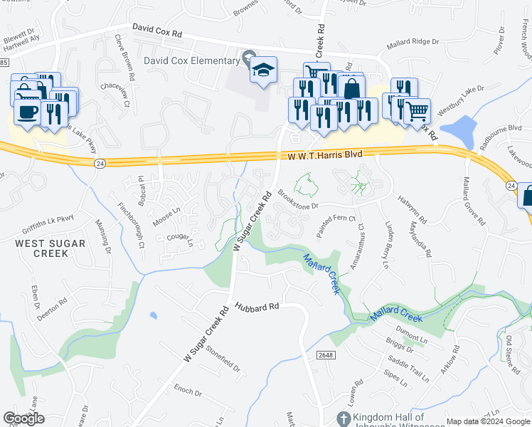 map of restaurants, bars, coffee shops, grocery stores, and more near 5720 Prescott Court in Charlotte