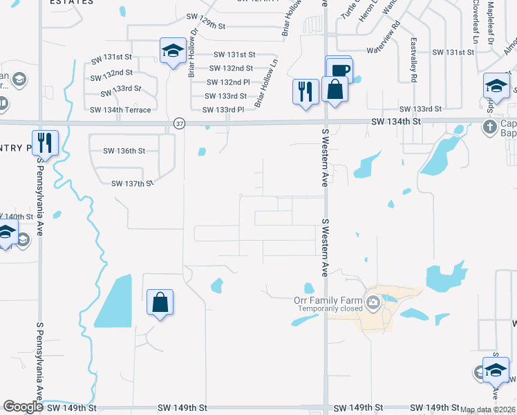 map of restaurants, bars, coffee shops, grocery stores, and more near 13920 Pasaro Trail in Oklahoma City