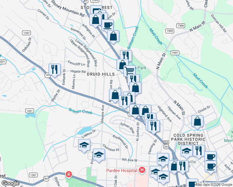 map of restaurants, bars, coffee shops, grocery stores, and more near 1527 Druid Hills Avenue in Hendersonville