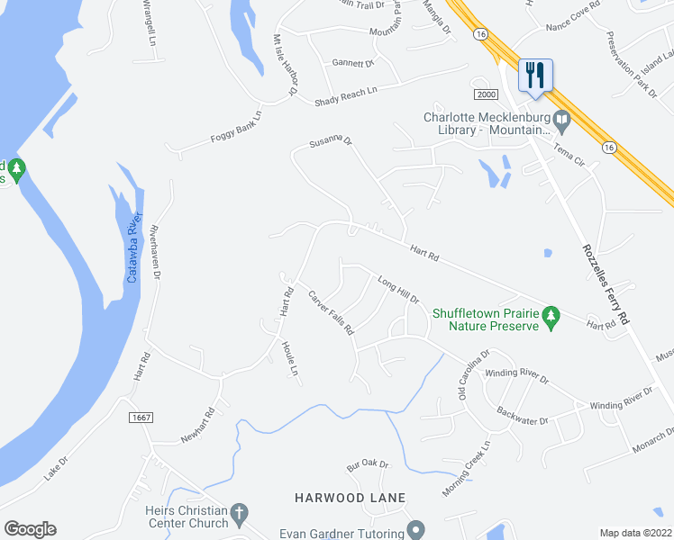 map of restaurants, bars, coffee shops, grocery stores, and more near 1623 Bitter Creek Drive in Charlotte