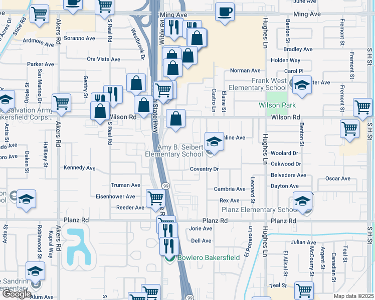 map of restaurants, bars, coffee shops, grocery stores, and more near 2716 Villalovos Court in Bakersfield