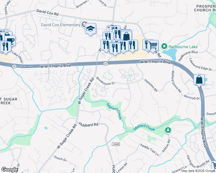 map of restaurants, bars, coffee shops, grocery stores, and more near 5948 Prescott Court in Charlotte