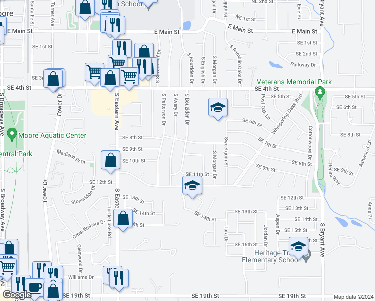 map of restaurants, bars, coffee shops, grocery stores, and more near 1001 Southeast 9th Street in Moore