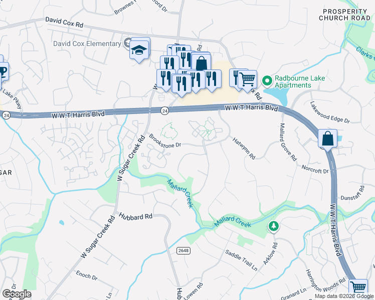 map of restaurants, bars, coffee shops, grocery stores, and more near 5808 Painted Fern Court in Charlotte