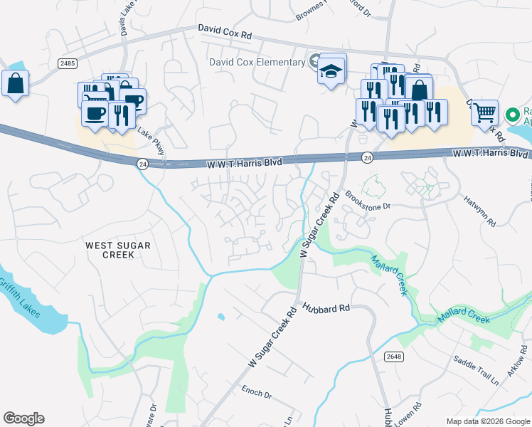map of restaurants, bars, coffee shops, grocery stores, and more near 4215 Sugarstone Lane in Charlotte