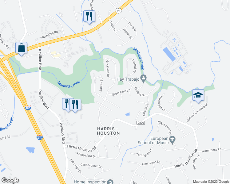 map of restaurants, bars, coffee shops, grocery stores, and more near 11023 Silver Glen Lane in Charlotte