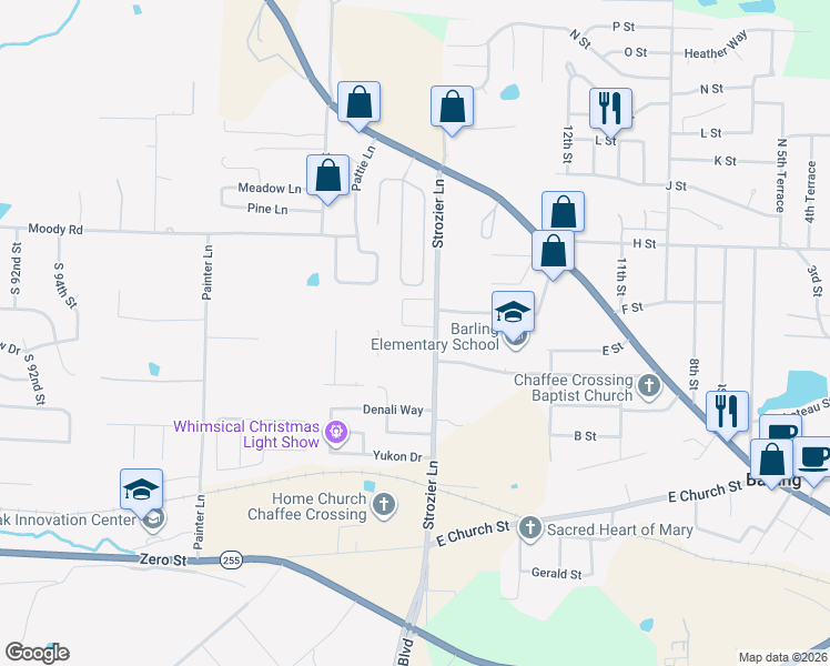 map of restaurants, bars, coffee shops, grocery stores, and more near 501 Strozier Lane in Barling