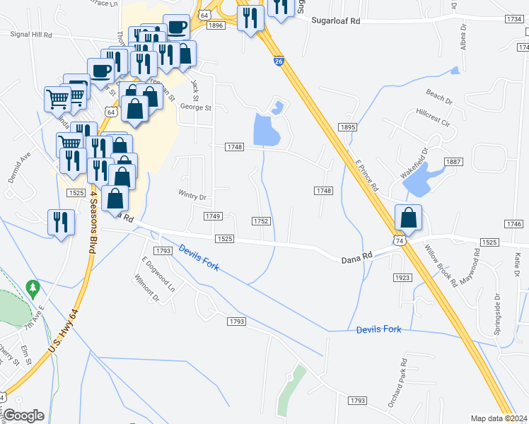 map of restaurants, bars, coffee shops, grocery stores, and more near 128 East Williams Road in Hendersonville