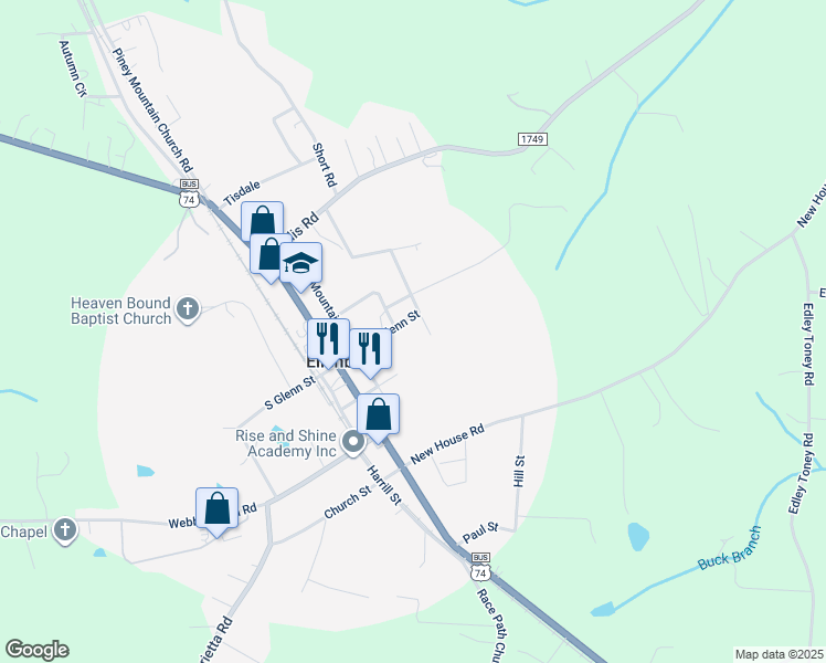 map of restaurants, bars, coffee shops, grocery stores, and more near 194 North Glenn Street in Ellenboro