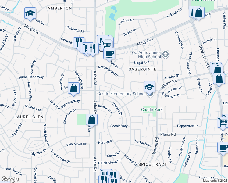 map of restaurants, bars, coffee shops, grocery stores, and more near 2813 North Half Moon Drive in Bakersfield