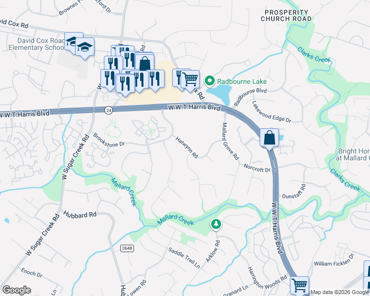 map of restaurants, bars, coffee shops, grocery stores, and more near 5925 Maylandia Road in Charlotte