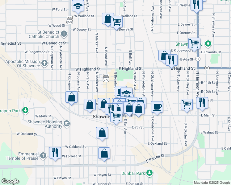 map of restaurants, bars, coffee shops, grocery stores, and more near 300 North Broadway Avenue in Shawnee
