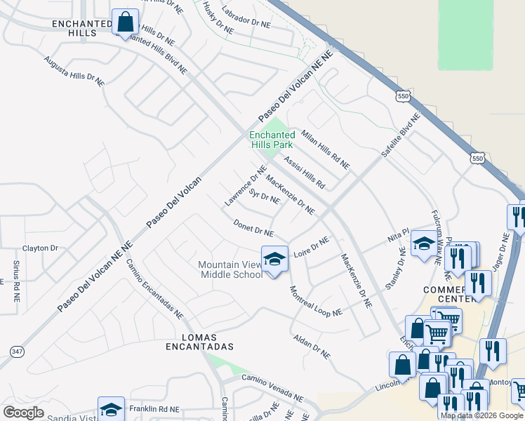 map of restaurants, bars, coffee shops, grocery stores, and more near 7325 Pechora Drive Northeast in Rio Rancho