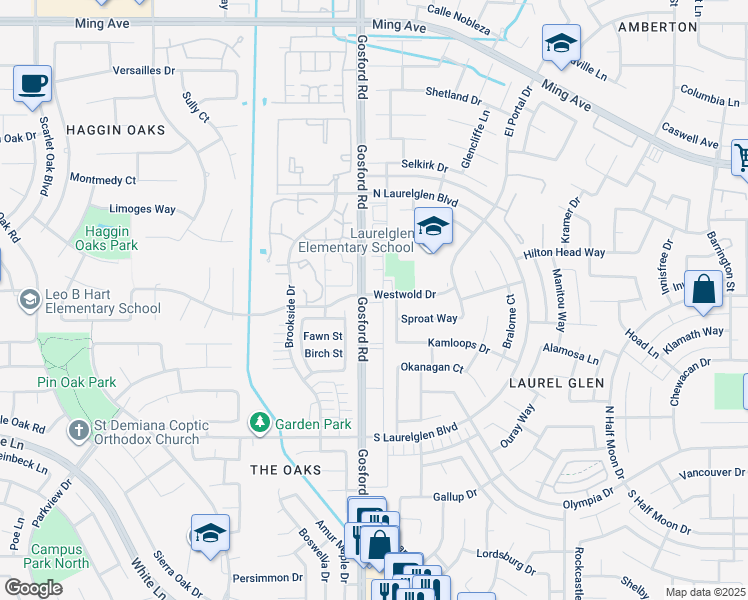 map of restaurants, bars, coffee shops, grocery stores, and more near 2702 Gosford Road in Bakersfield