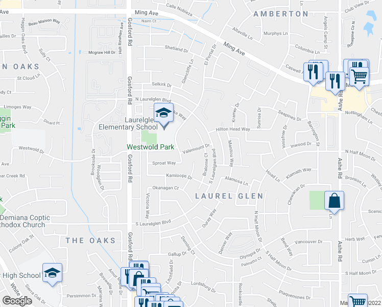 map of restaurants, bars, coffee shops, grocery stores, and more near 7617 Valemount Drive in Bakersfield
