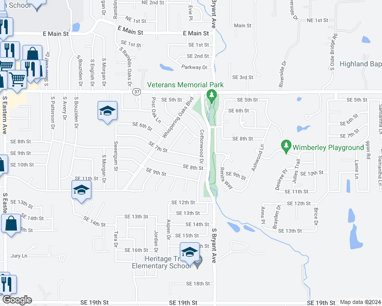 map of restaurants, bars, coffee shops, grocery stores, and more near 1801 Southeast 7th Street in Moore