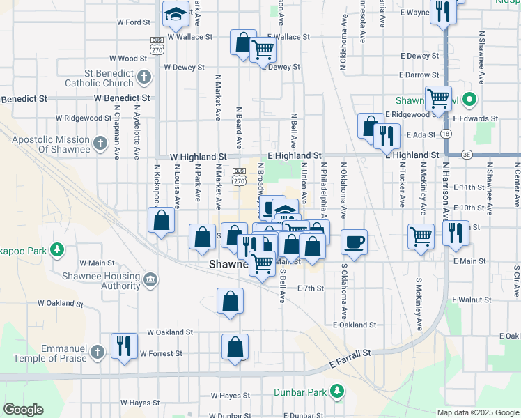 map of restaurants, bars, coffee shops, grocery stores, and more near 300 North Broadway Avenue in Shawnee