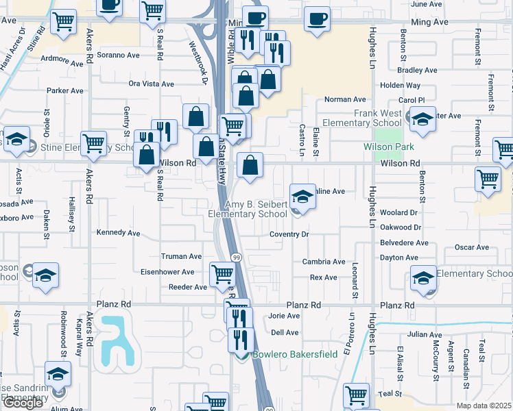map of restaurants, bars, coffee shops, grocery stores, and more near 2705 Villalovos Court in Bakersfield