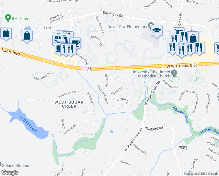 map of restaurants, bars, coffee shops, grocery stores, and more near 5942 Moose Lane in Charlotte