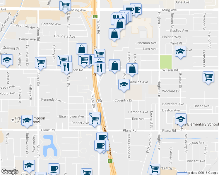 map of restaurants, bars, coffee shops, grocery stores, and more near 2716 Villalovos Court in Bakersfield