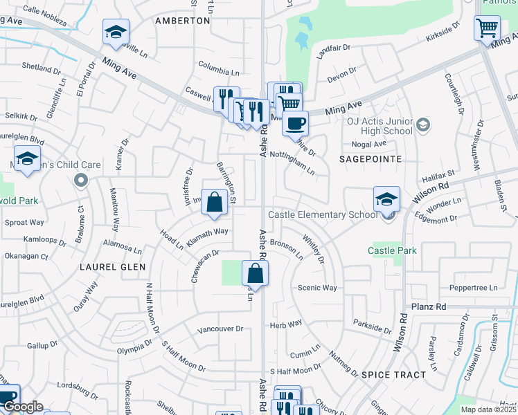map of restaurants, bars, coffee shops, grocery stores, and more near 2800 Ashe Road in Bakersfield