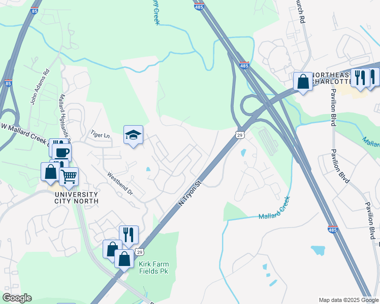 map of restaurants, bars, coffee shops, grocery stores, and more near 208 Northbend Drive in Charlotte