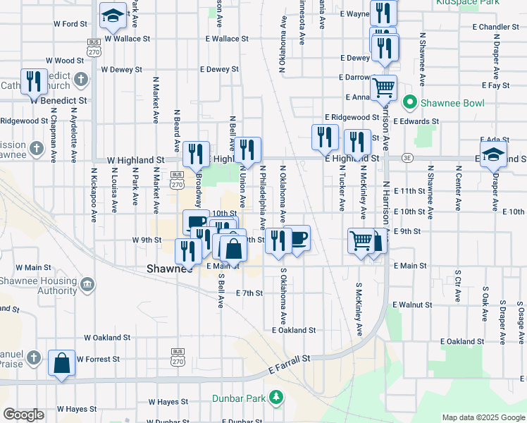 map of restaurants, bars, coffee shops, grocery stores, and more near 223 North Philadelphia Avenue in Shawnee