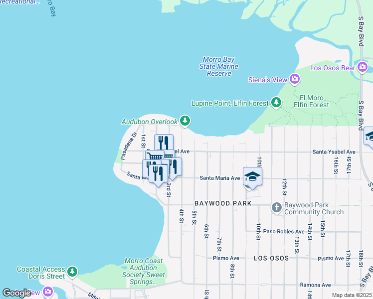 map of restaurants, bars, coffee shops, grocery stores, and more near 1198 4th Street in Baywood-Los Osos