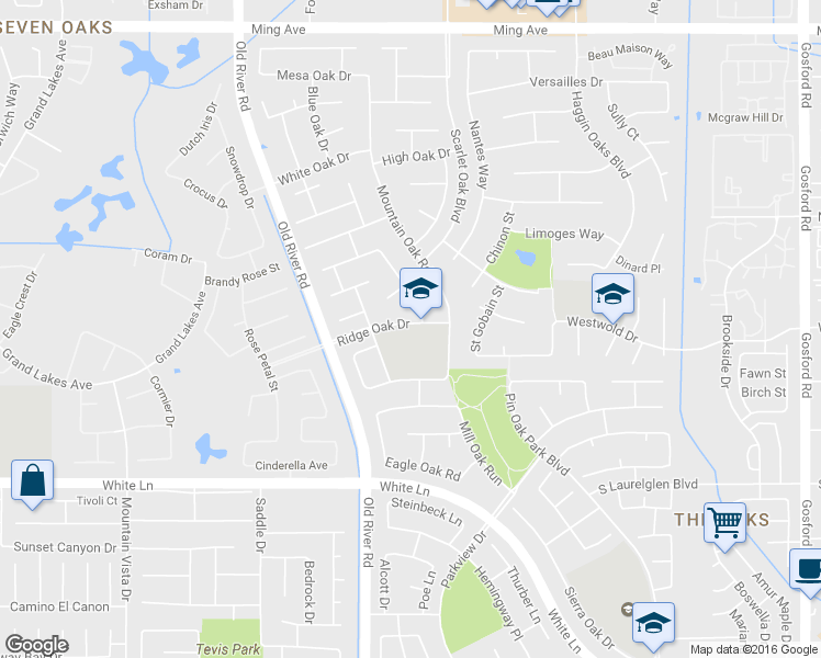 map of restaurants, bars, coffee shops, grocery stores, and more near 9501 Ridge Oak Drive in Bakersfield