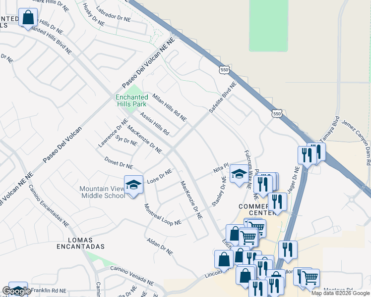 map of restaurants, bars, coffee shops, grocery stores, and more near 4300 Safelite Boulevard Northeast in Rio Rancho