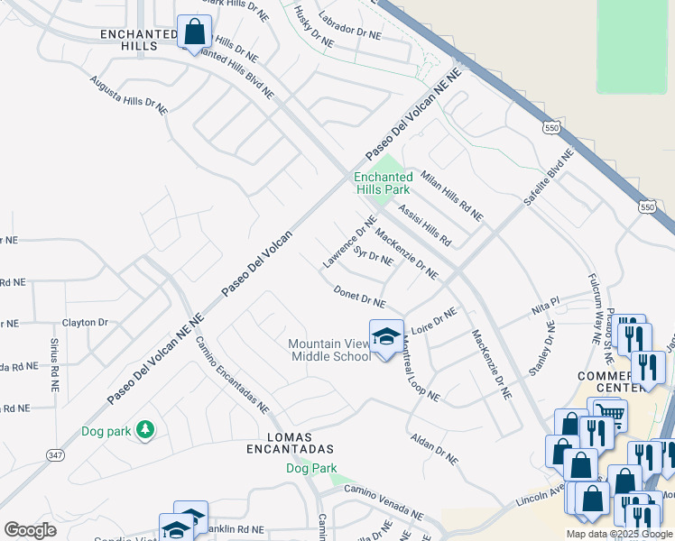 map of restaurants, bars, coffee shops, grocery stores, and more near 7308 Donet Drive Northeast in Rio Rancho