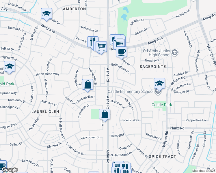 map of restaurants, bars, coffee shops, grocery stores, and more near Ashe Road & North Half Moon Drive in Bakersfield