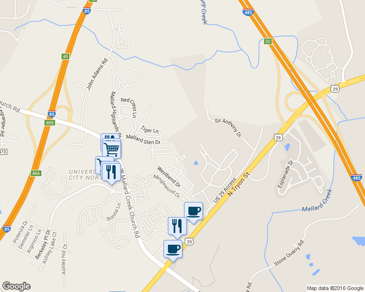 map of restaurants, bars, coffee shops, grocery stores, and more near 5110 Red Alder Lane in Charlotte