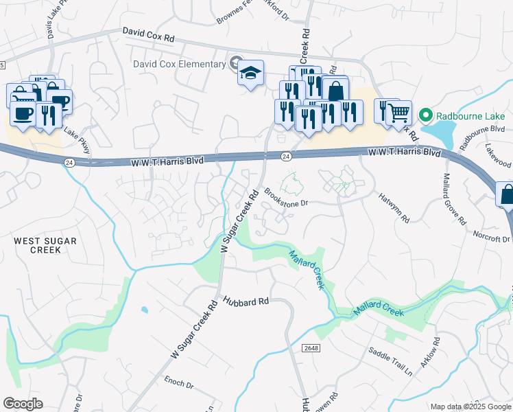 map of restaurants, bars, coffee shops, grocery stores, and more near 5717 Prescott Court in Charlotte