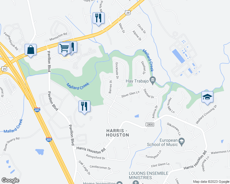 map of restaurants, bars, coffee shops, grocery stores, and more near 10612 Kempsford Drive in Charlotte