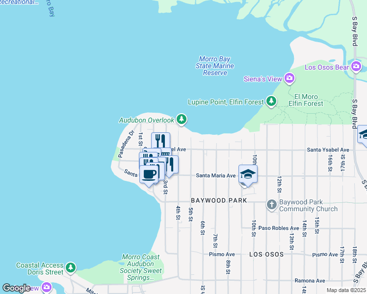 map of restaurants, bars, coffee shops, grocery stores, and more near 1198 4th Street in Baywood-Los Osos