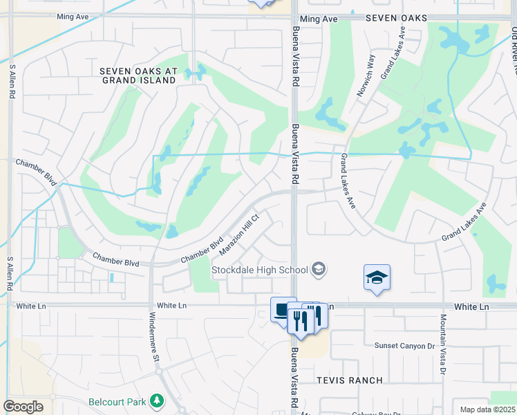 map of restaurants, bars, coffee shops, grocery stores, and more near 11418 Marazion Hill Court in Bakersfield