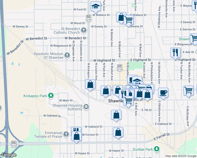 map of restaurants, bars, coffee shops, grocery stores, and more near 219 North Louisa Avenue in Shawnee