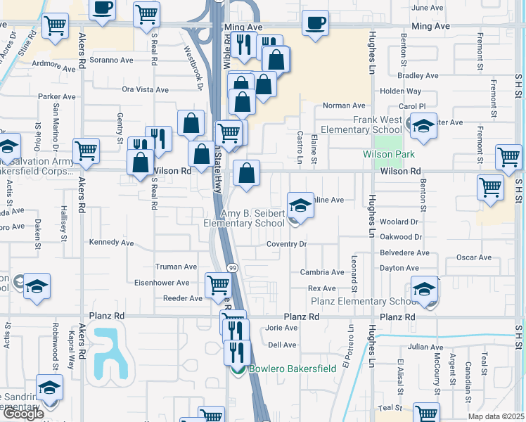 map of restaurants, bars, coffee shops, grocery stores, and more near 2716 Villalovos Court in Bakersfield