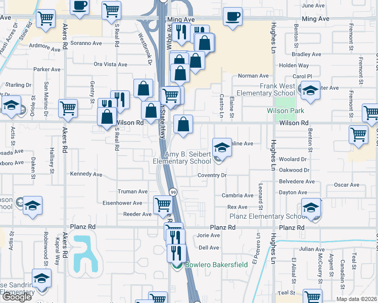 map of restaurants, bars, coffee shops, grocery stores, and more near 2716 Villalovos Court in Bakersfield