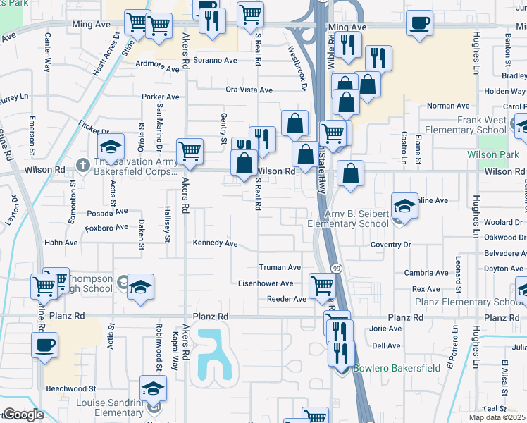 map of restaurants, bars, coffee shops, grocery stores, and more near 2714 South Real Road in Bakersfield
