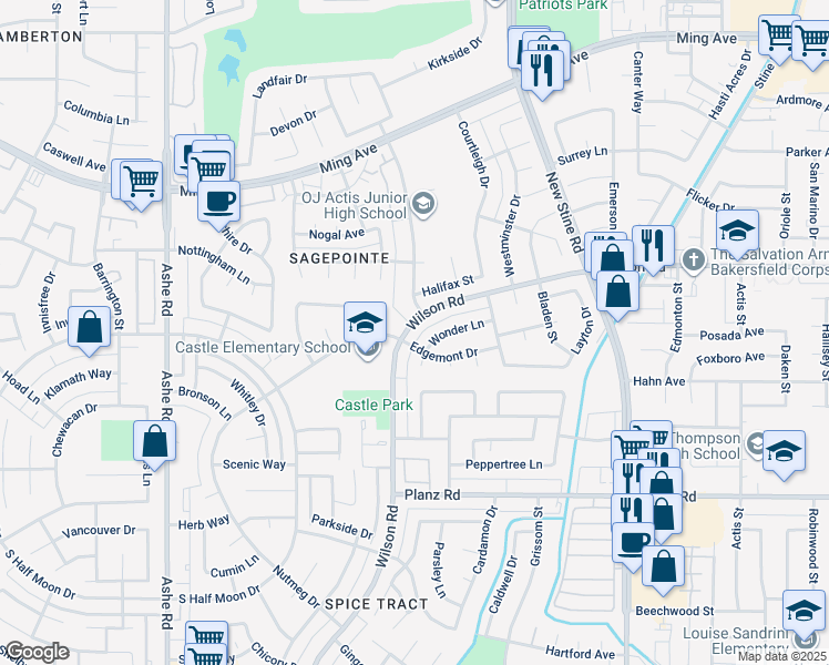map of restaurants, bars, coffee shops, grocery stores, and more near in Bakersfield